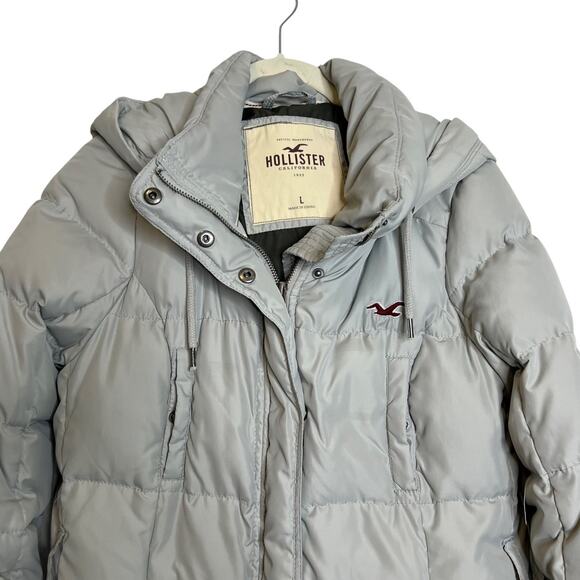 Hollister Puffer Coat Gray Hooded Down Jacket L (Juniors) Lightweight Warm - Picture 2 of 7